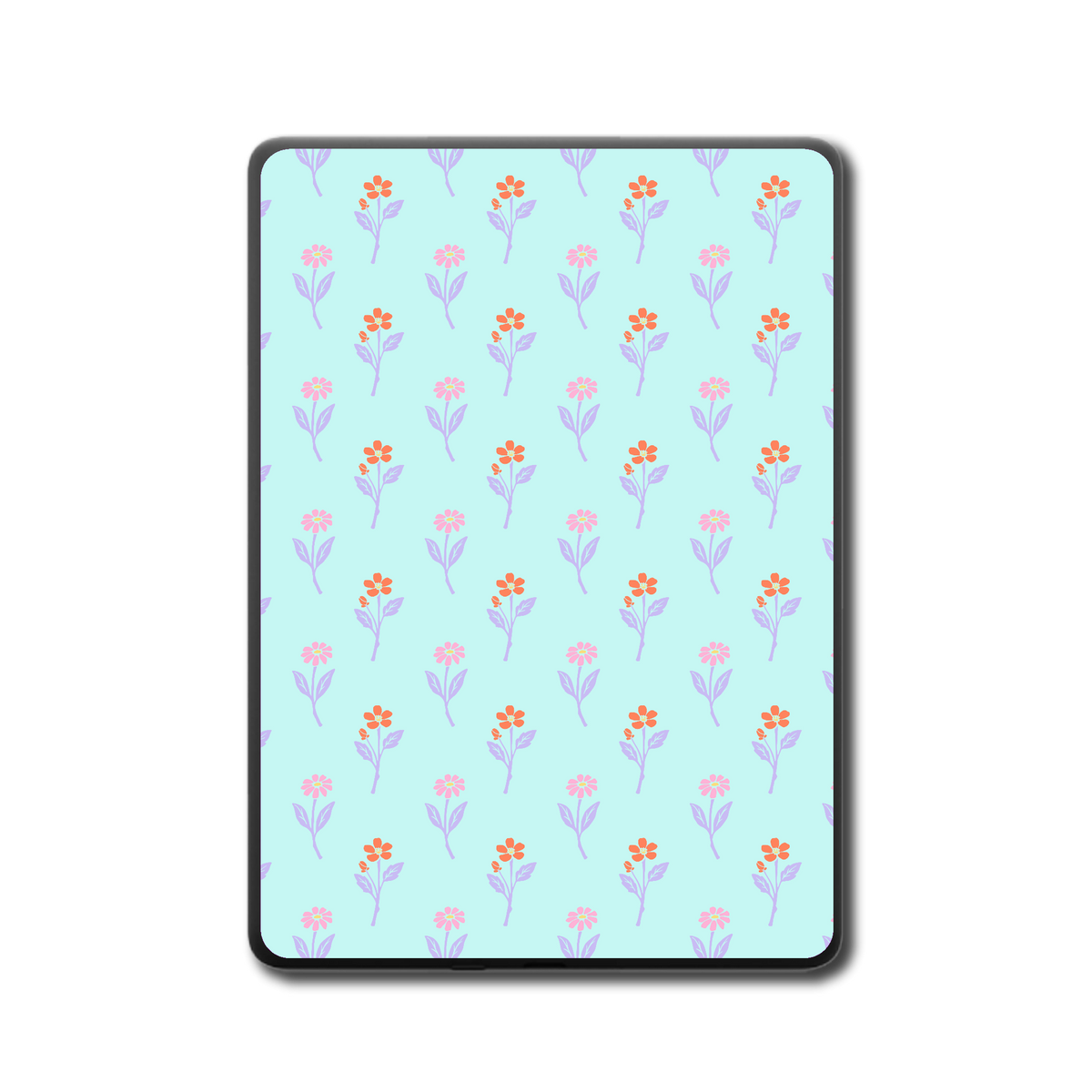 Back view of Kindle e-reader with Aqua Sprigs aqua sprig vinyl skin applied