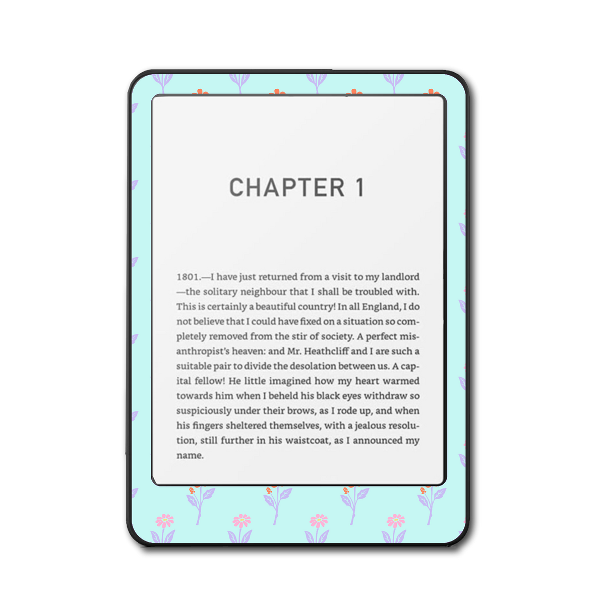 Front view of Kindle e-reader wearing Aqua Sprigs teal botanical skin