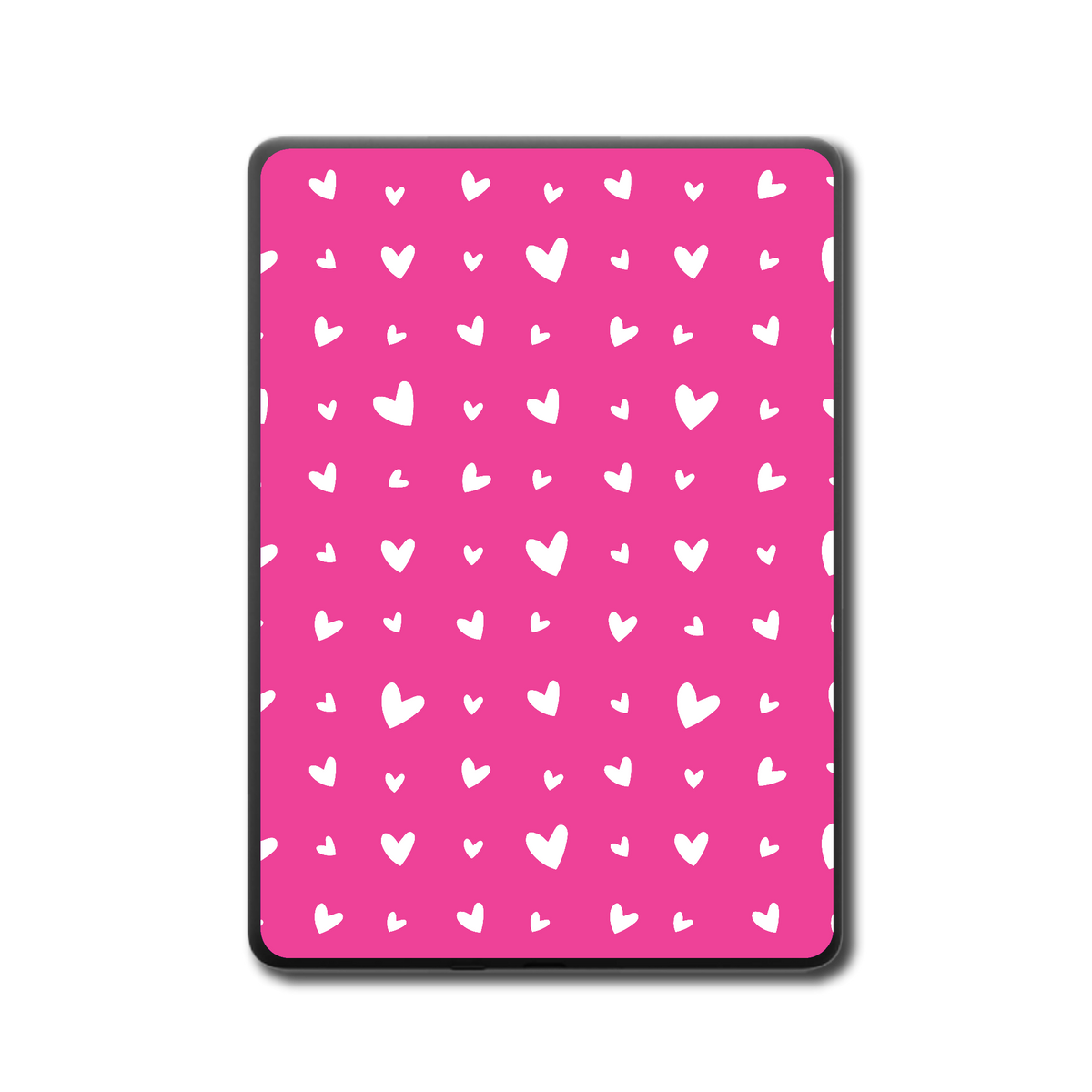 Back view of Blush Hearts pink vinyl skin on a Kindle e-reader