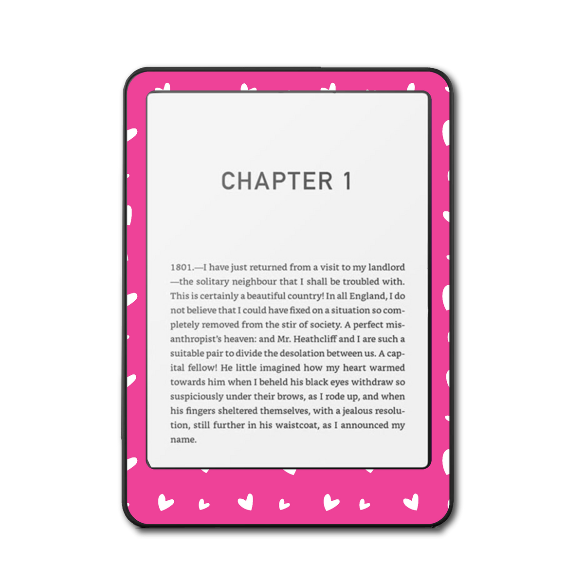 Front view of Blush Hearts pink vinyl skin on a Kindle e-reader
