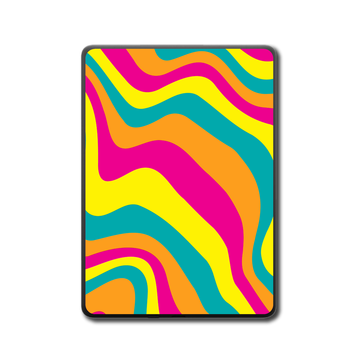 Back view of Kindle e-reader with Bright Color Swirl decorative vinyl skin applied