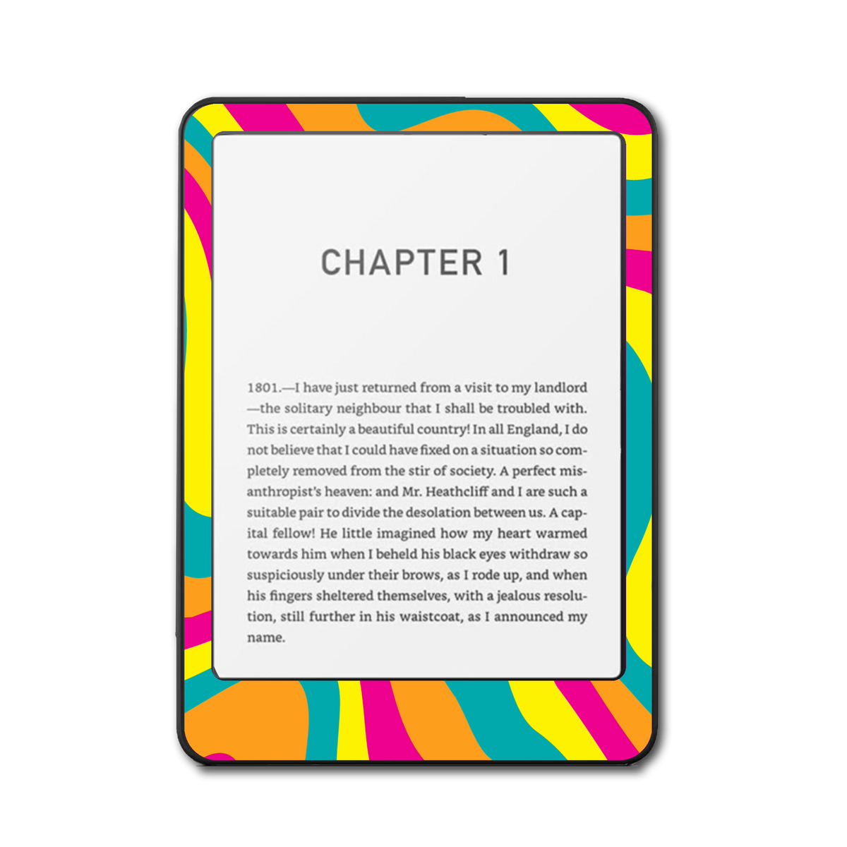 Front view of Kindle e-reader wrapped in Bright Color Swirl vinyl skin