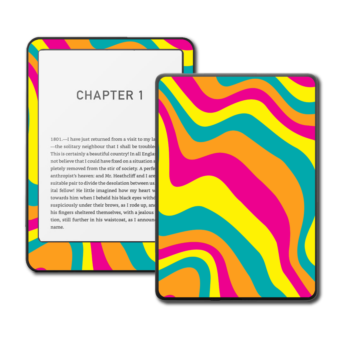 Bright Color Swirl vinyl skin on a Kindle e-reader showing bold multicolour swirl design