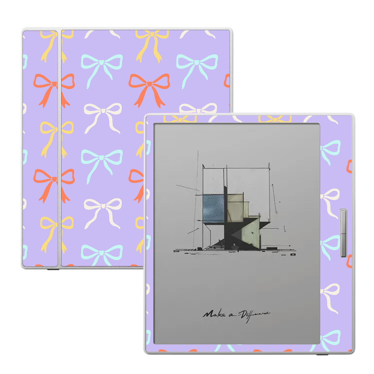Candy Bows pastel bow pattern vinyl skin applied to a Boox e-reader