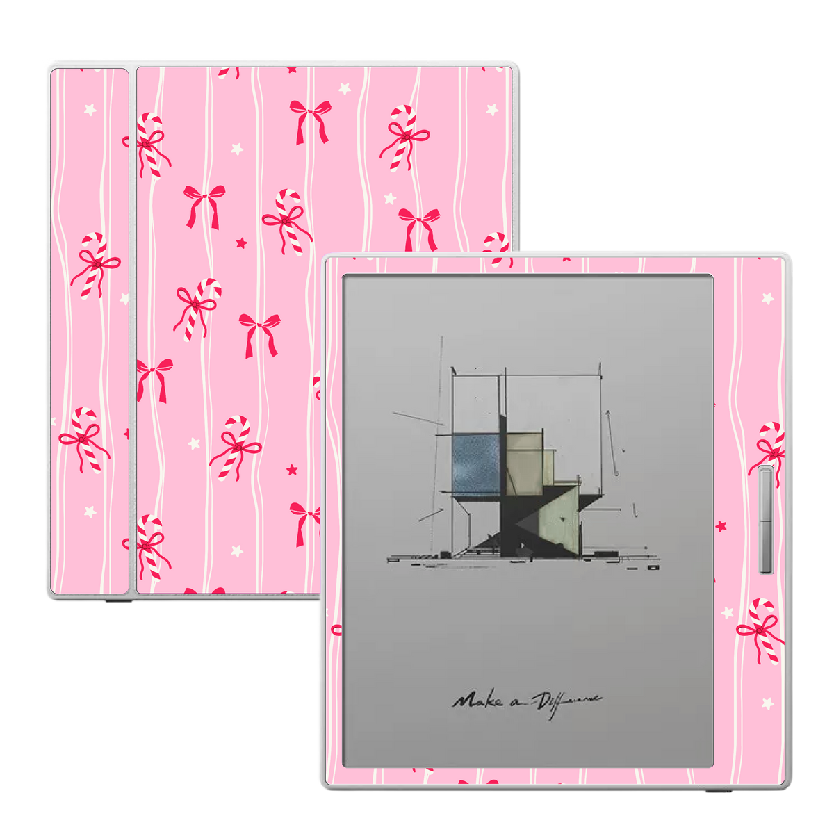 Cozy Noel vinyl skin applied to a Boox Go Color 7 e-reader