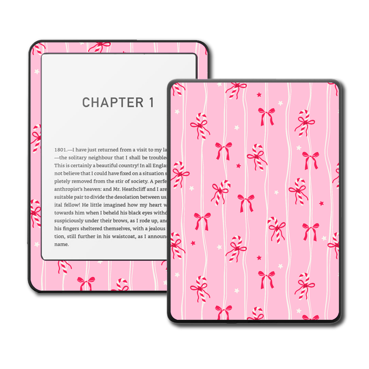 Cozy Noel festive vinyl skin on a Kindle e-reader, cosy Christmas design