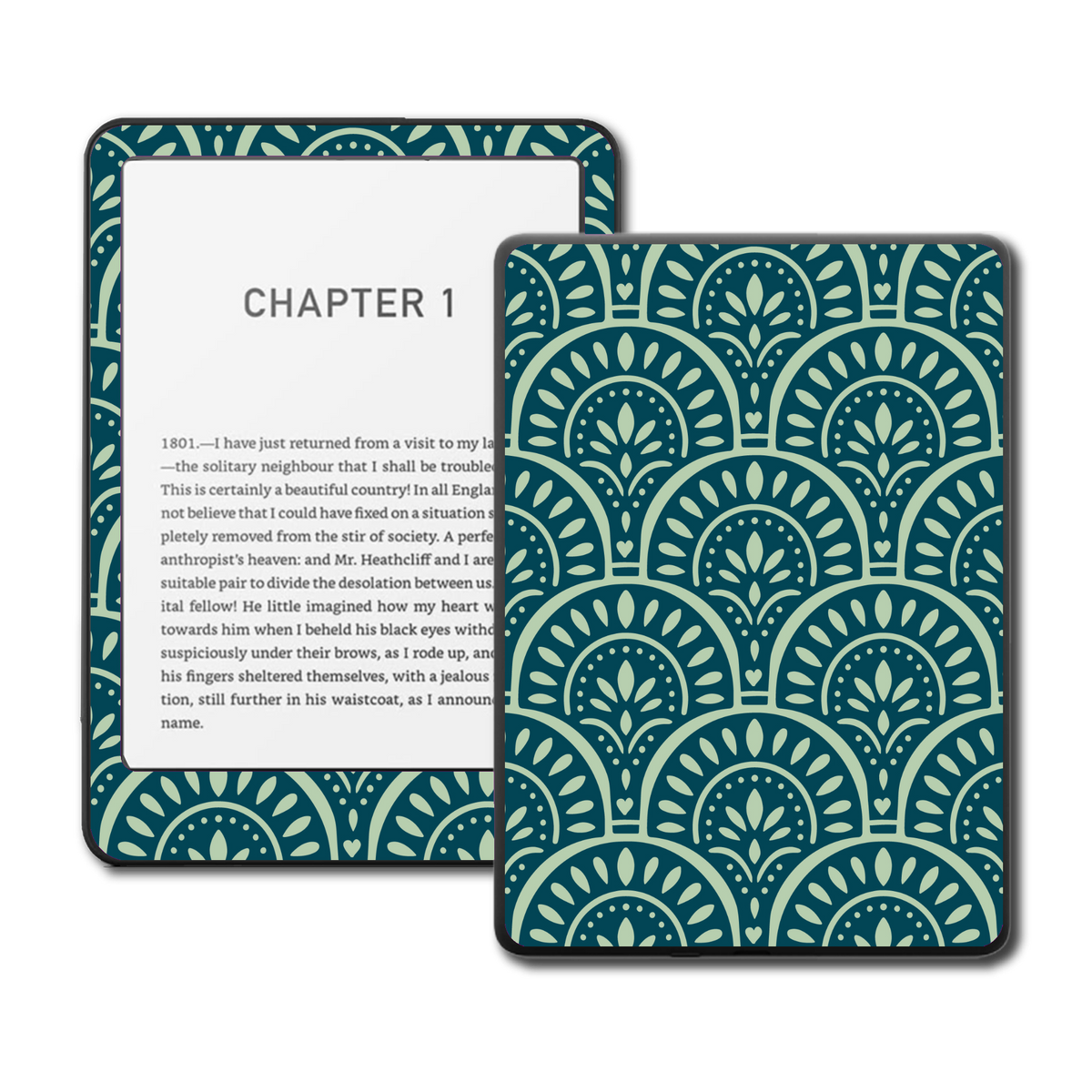 Emerald Fan green illustrated Kindle, Kobo and ColorSoft e-reader skin mockup