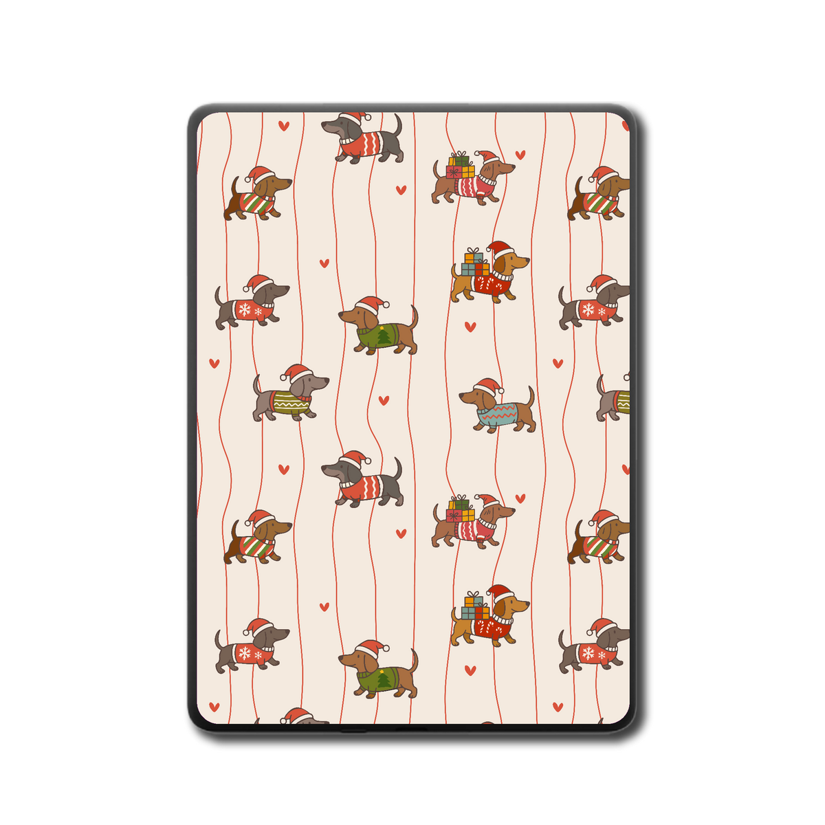 Back view of Festive Trinkets Kindle skin decal in red, green and gold