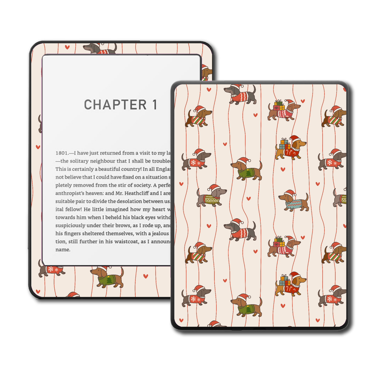 Festive Trinkets holiday-themed vinyl skin applied to a Kindle e-reader