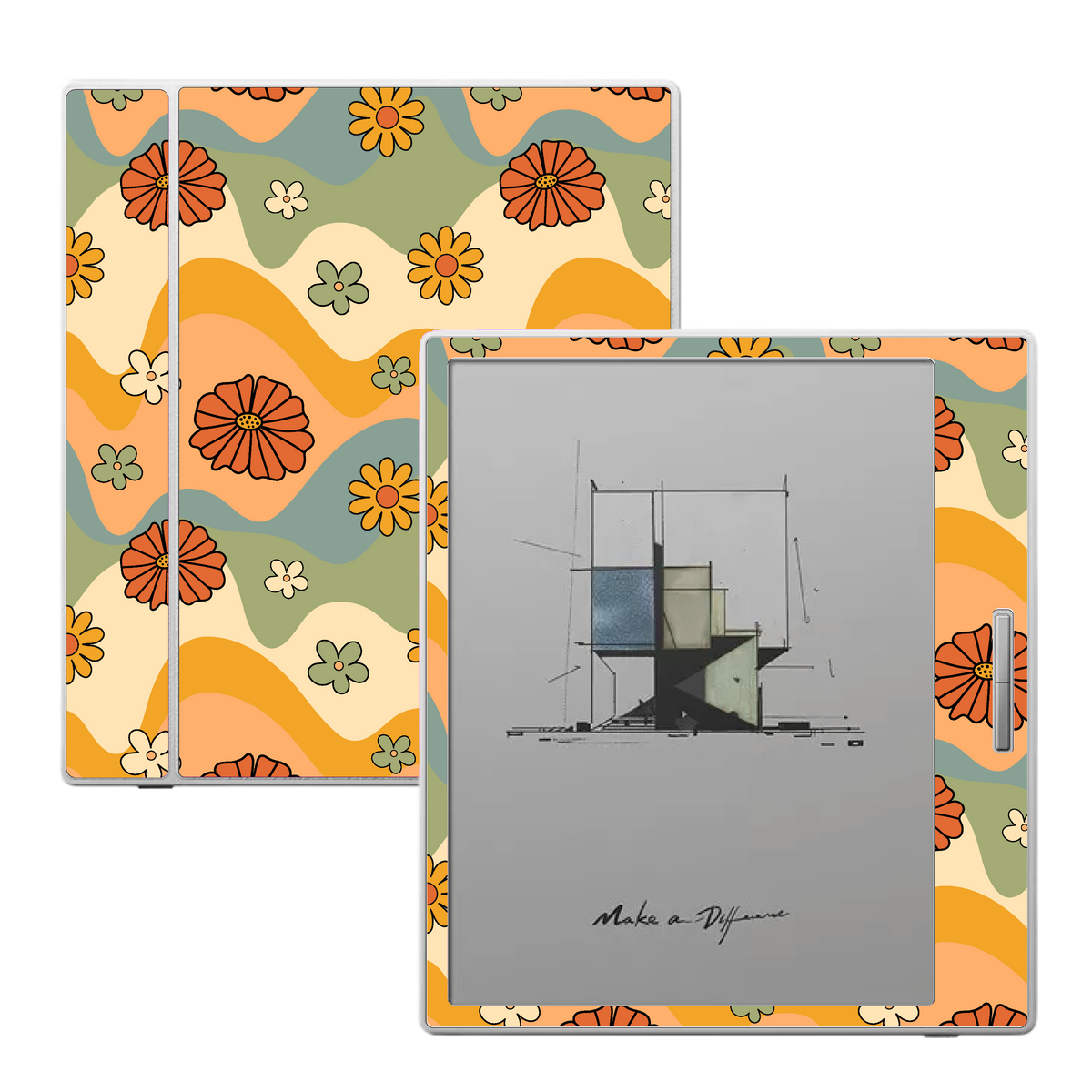 Groovy Garden retro floral vinyl skin applied to a Boox e-reader
