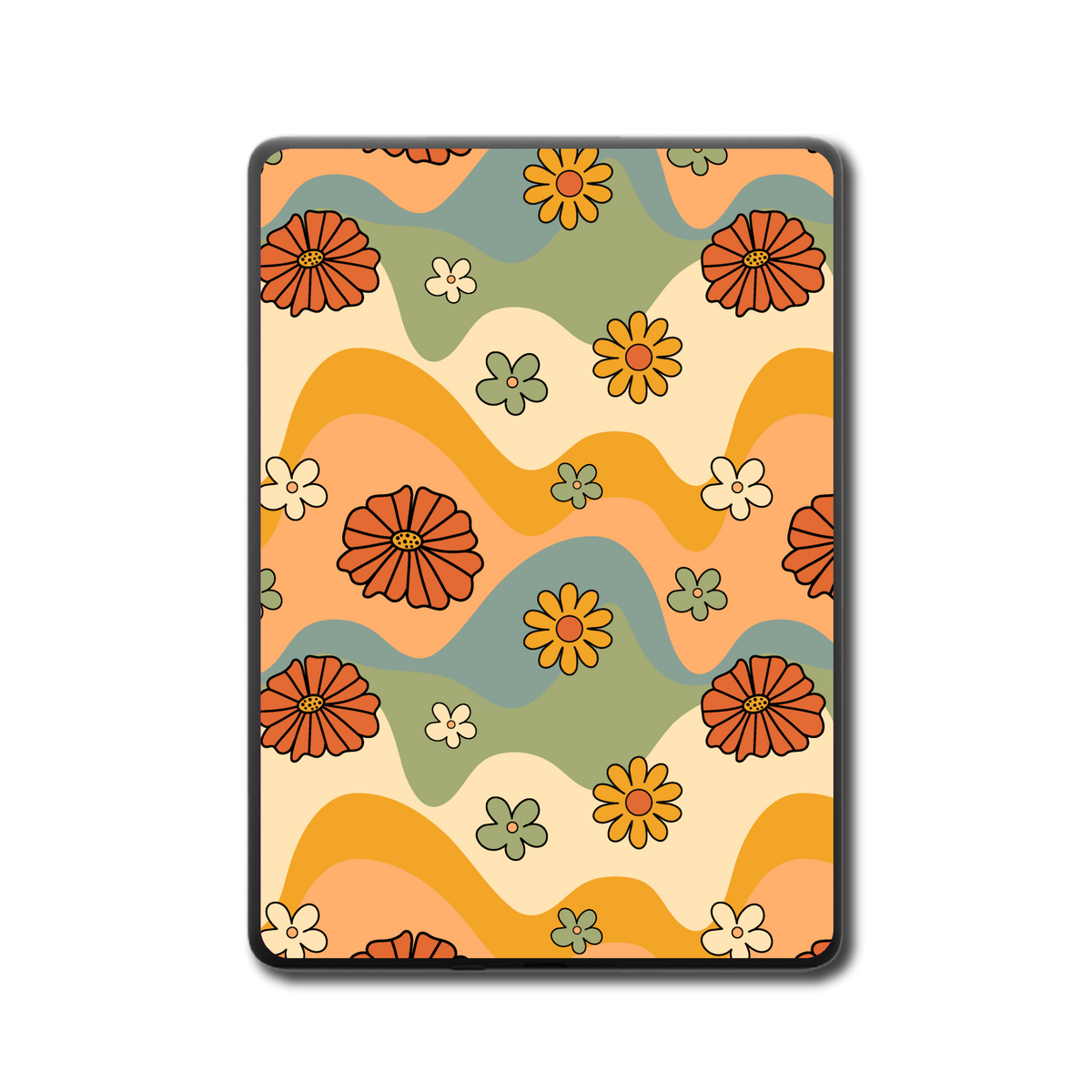 Back view of Groovy Garden retro floral skin on a Kindle e-reader