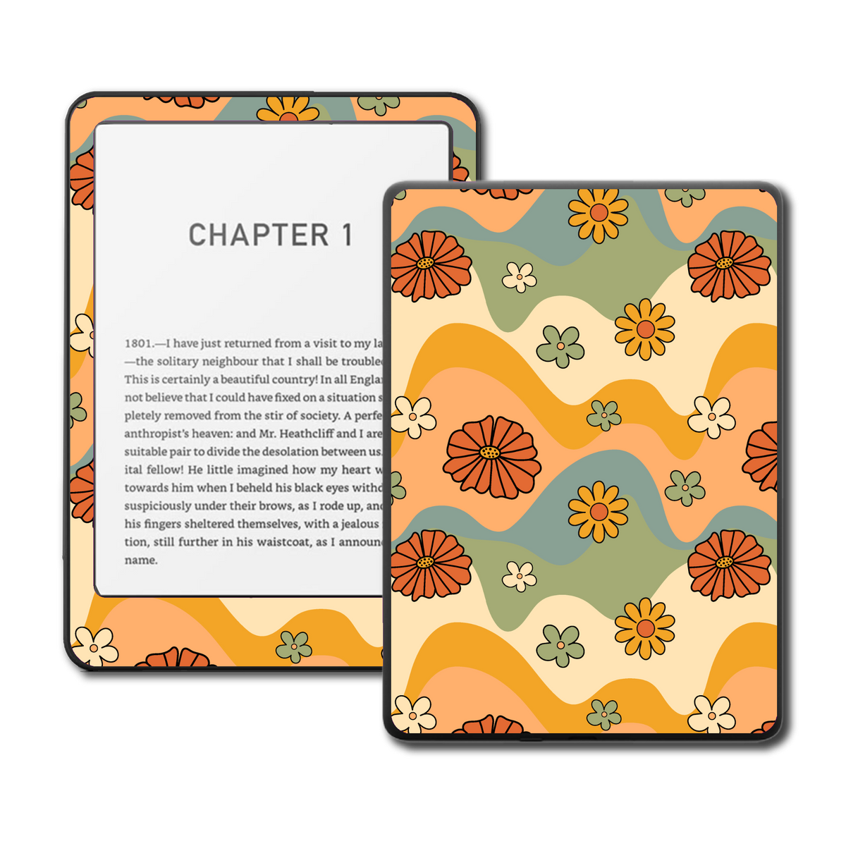 Groovy Garden retro floral vinyl skin on a Kindle e-reader