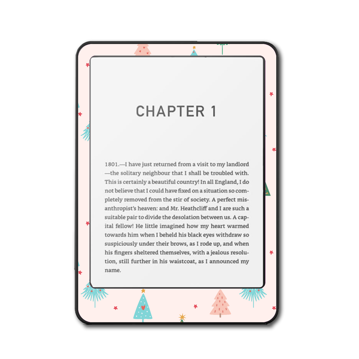 Front view of Merry Ribbon Kindle skin with red and green ribbon print