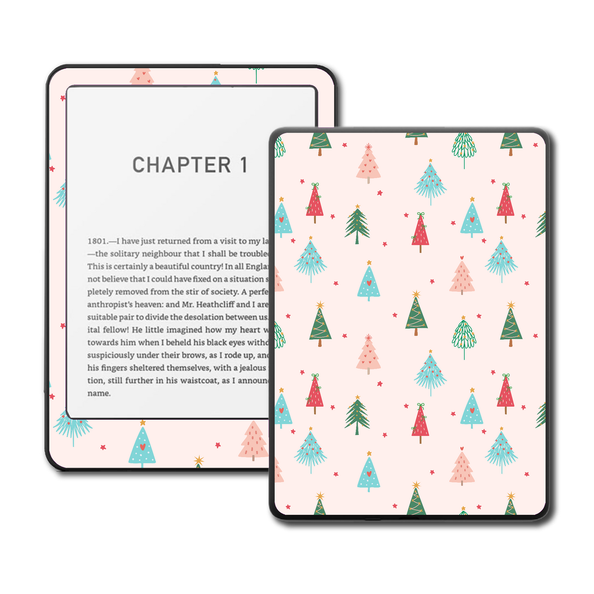 Merry Ribbon festive ribbon design Kindle skin shown on an e-reader device