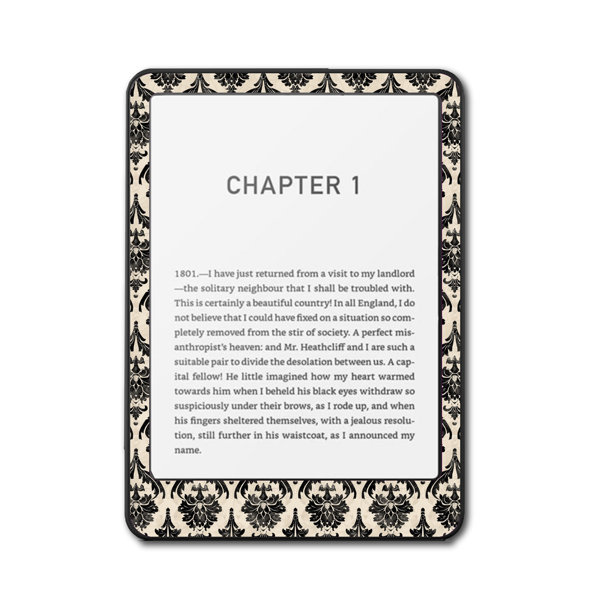 Noir Damask Kindle, Kobo and ColorSoft e-reader skin - front view