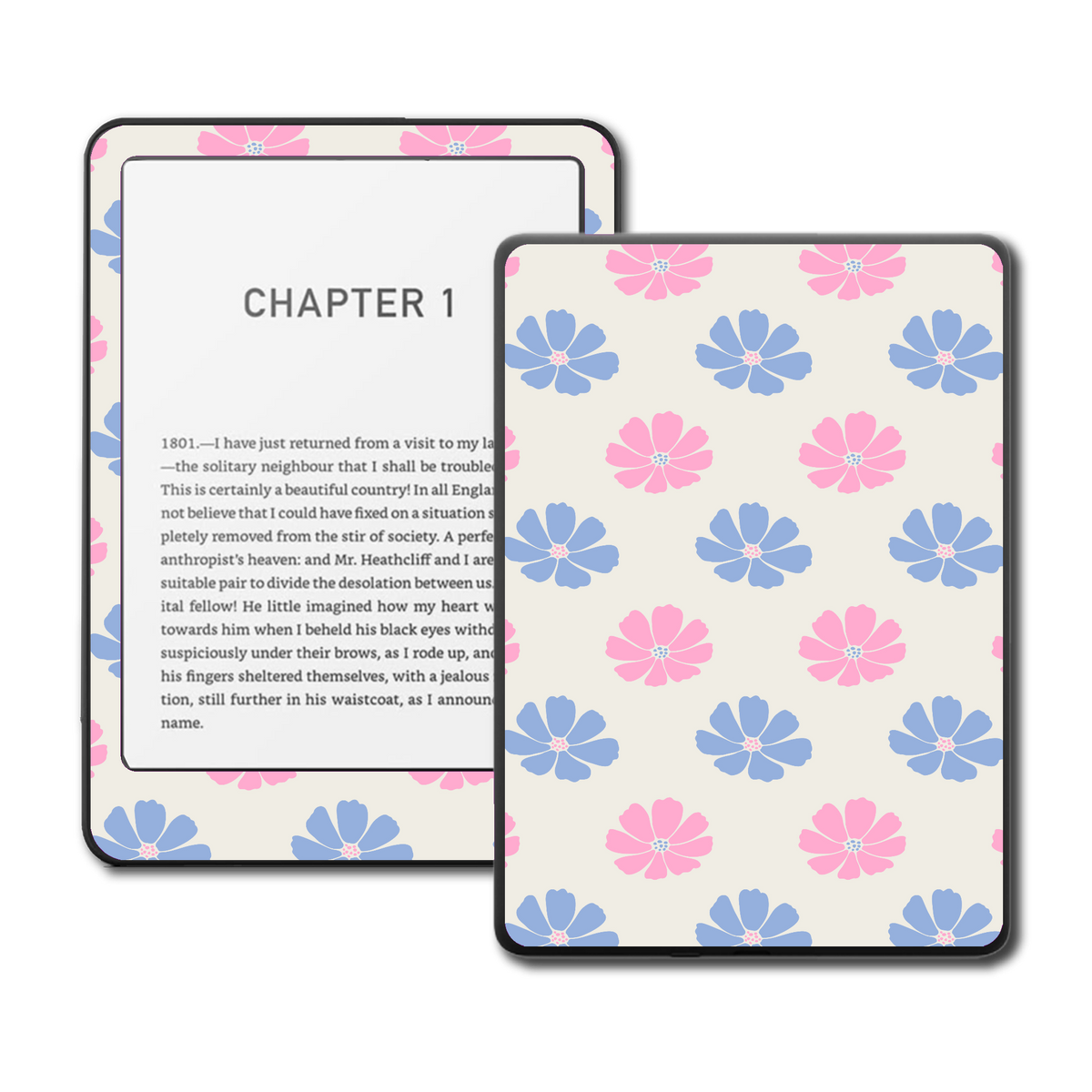 Pastel Petals pink and blue floral Kindle, Kobo and ColorSoft e-reader skin mockup