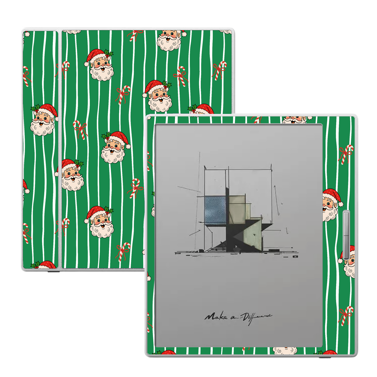 Peppermint Parade festive vinyl skin applied to a Boox Go Color 7 e-reader