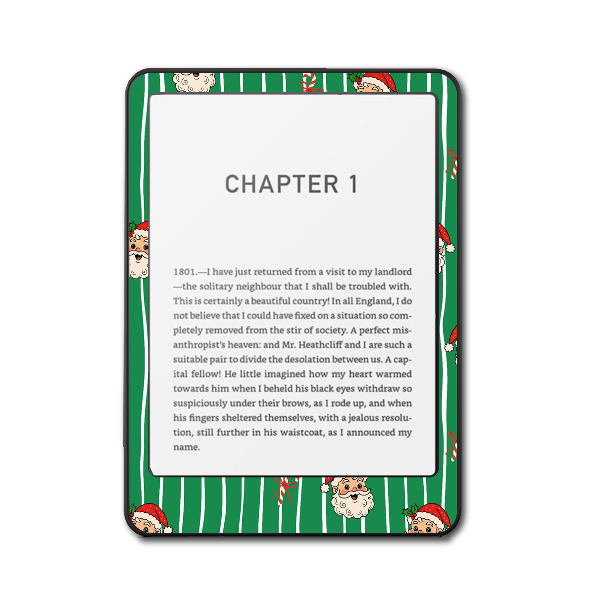 Front view of Peppermint Parade festive skin on a Kindle e-reader