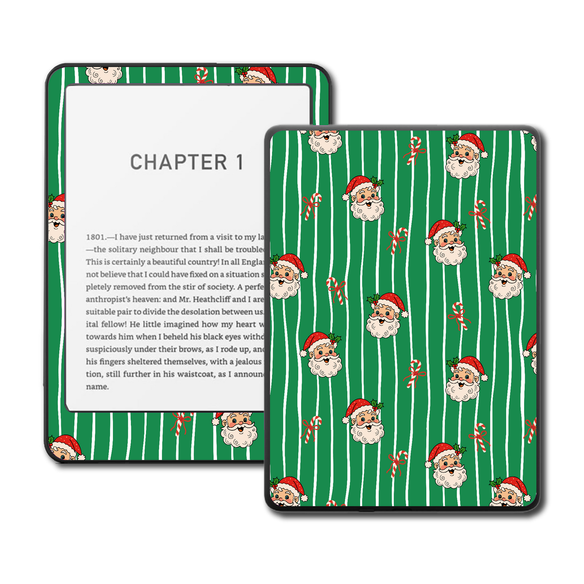 Peppermint Parade mint green and red skin on a Kindle e-reader