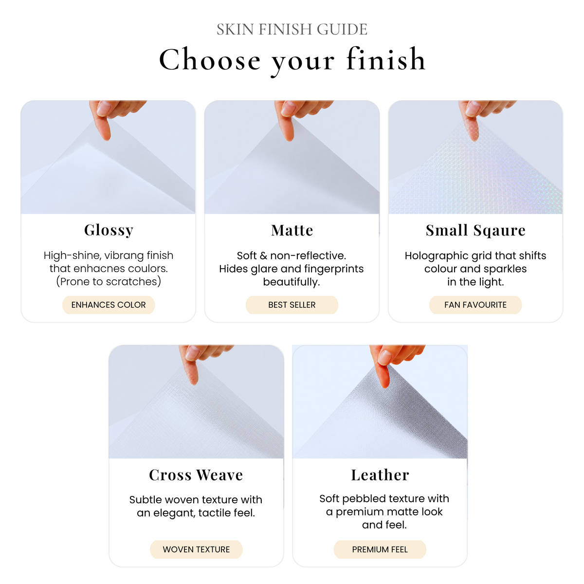 Kindle and Kobo skin finish guide — Matte, Glossy, Leather, Cross Weave and Small Square