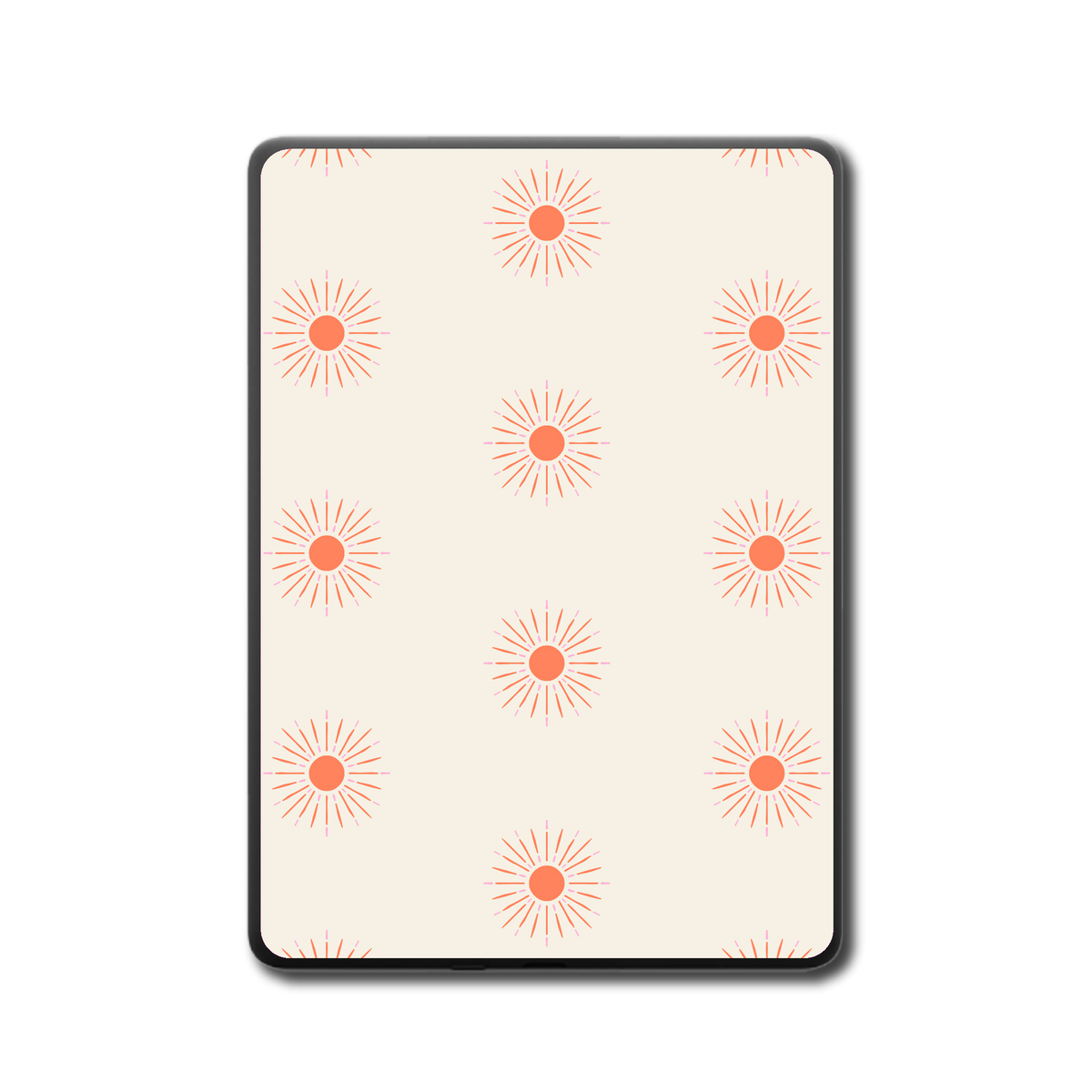 Back view of Kindle e-reader fitted with Solar Burst orange sunburst vinyl skin