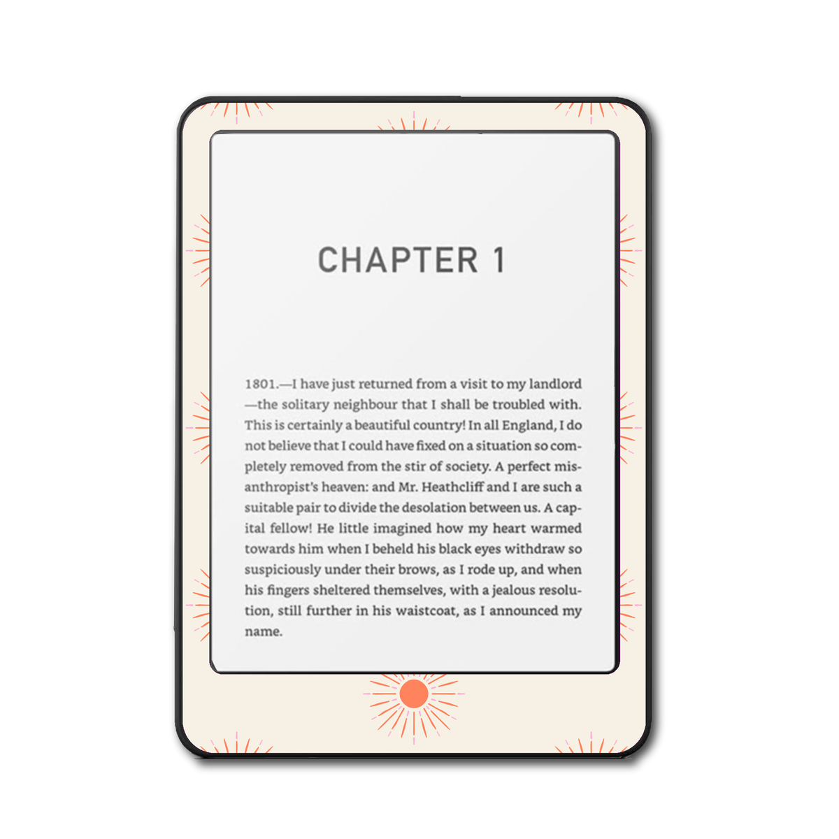 Front view of Solar Burst vinyl skin on Kindle e-reader showing radiating sun rays