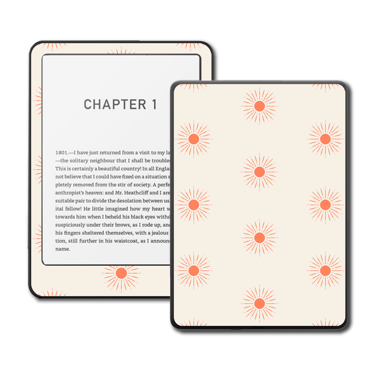 Solar Burst sunburst design vinyl skin on a Kindle e-reader in orange and yellow